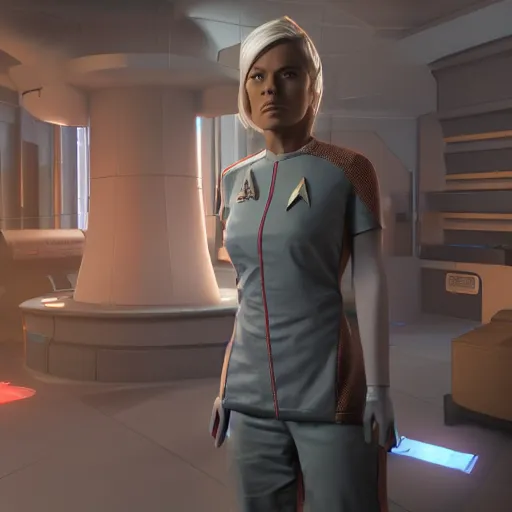 Image similar to nurse chapel from Star Trek: strange new worlds holding a gun after a fight in night city, cyberpunk, 8k ultra realistic, award winning, unreal engine 5, masterpiece