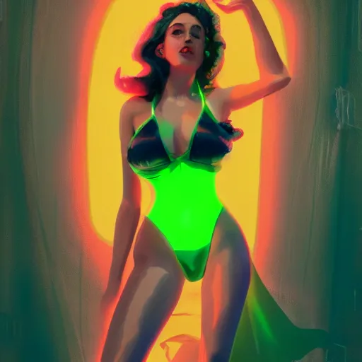 Image similar to portrait of pin up girl in a neon green bikini, visible aura of madness distorting the surroundings, occult details, greg rutkowski style, high quality, 8 k by olivia de berardinis