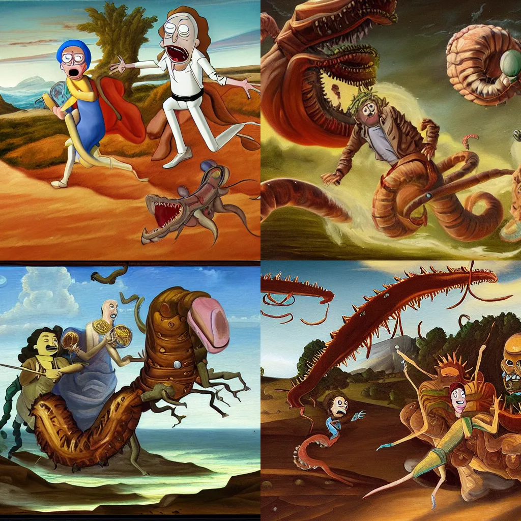 Prompt: an oil painting in renaissance style of rick and morty chasing a sandworm