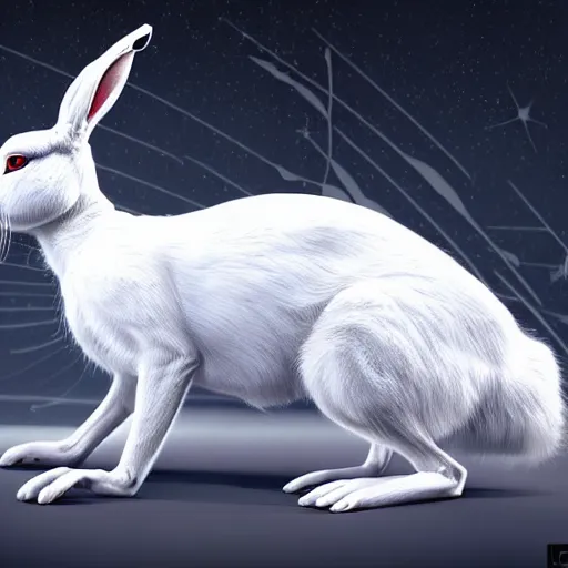 Prompt: a white evil looking hare producing music with a synthesizer, extremely detailed hyperrealistic digital art