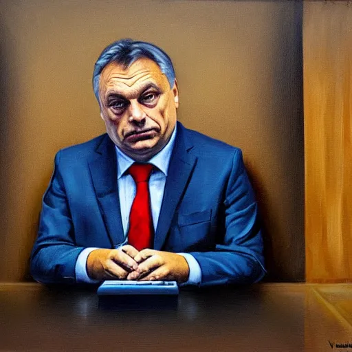 Image similar to viktor orban reading the news on a laptop in a cubicle, oil painting