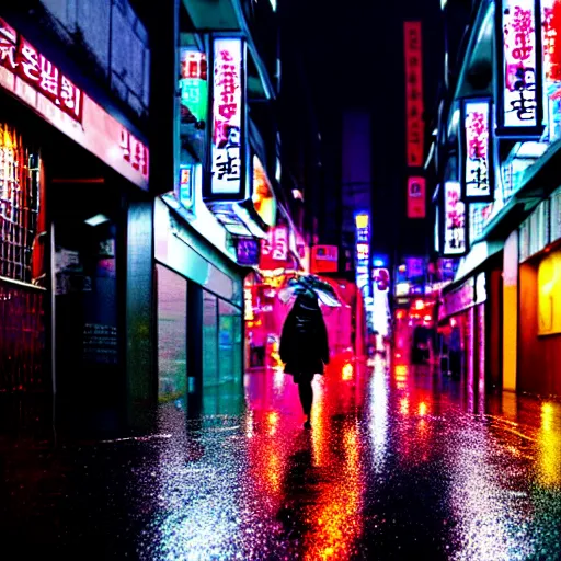 Image similar to photo of a rainy night in a cyberpunk street in seoul, storefronts are made out of neons, a cyberpunk woman is walking in the middle of the street. hyper realistic rendering photography, long shot, 4 k