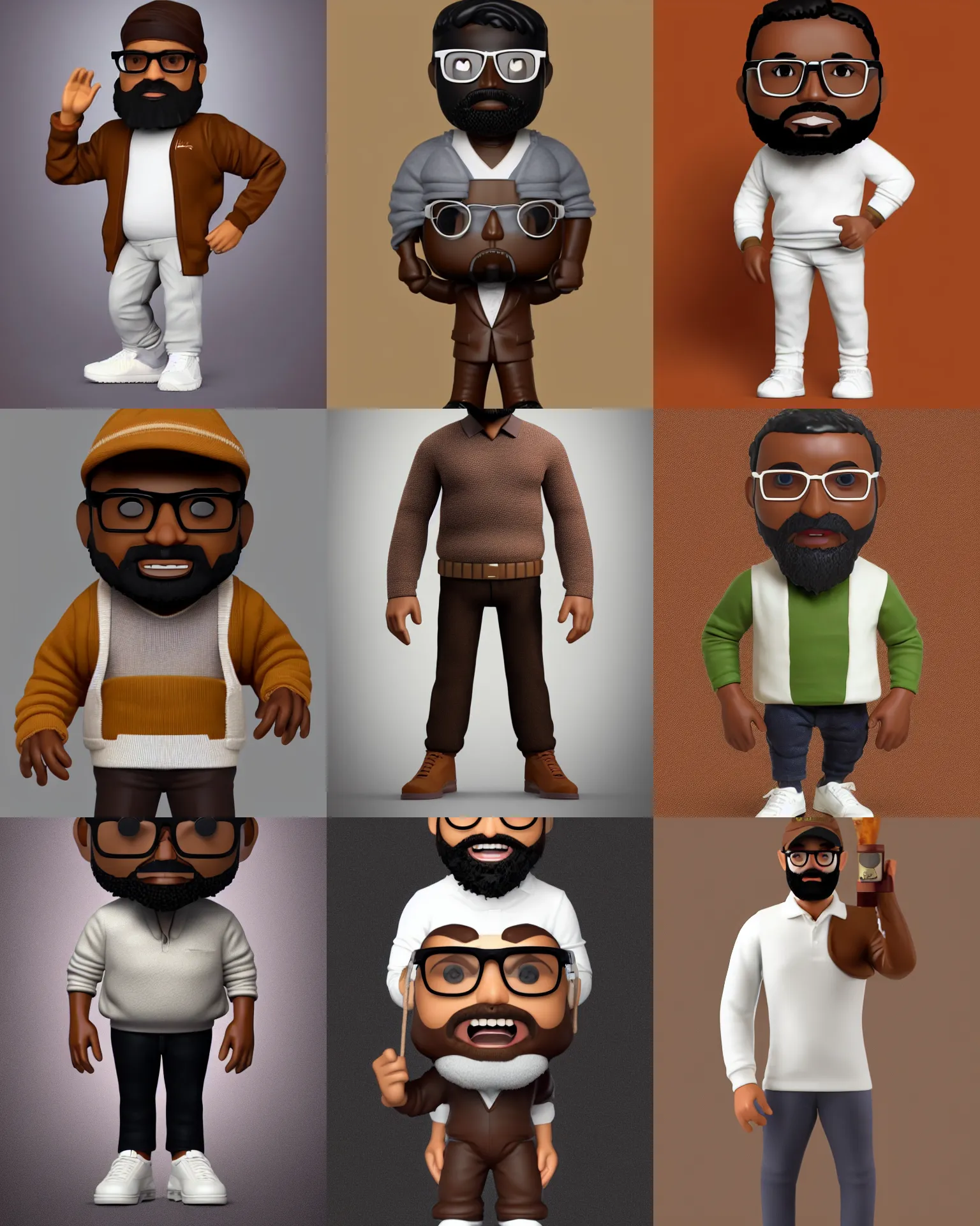 Prompt: full body 3d render of brown man with beard wearing tobacco brown pullover, glasses, white collar, as a full body funko pop!, studio lighting, grey background, single body, no shadow, blender, trending on artstation, 8k, highly detailed