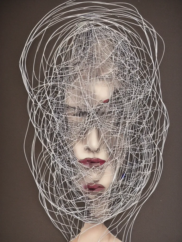 Image similar to beautiful elegant hanging thick wire art of a symmetrical and expressive female human figure face artistic