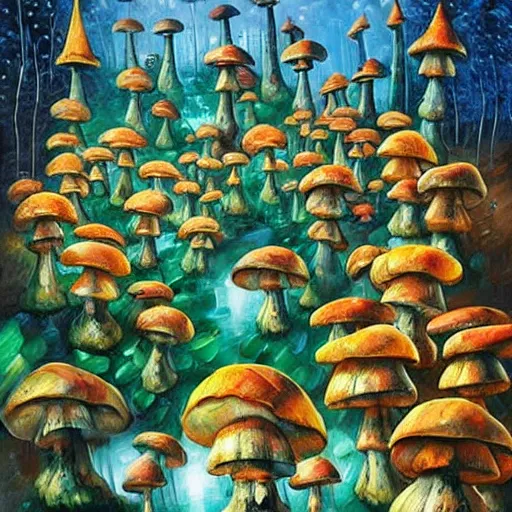 Image similar to glowing mushroom houses in a forest village, mushroom architecture, art by ricardo bofill, james christensen, rob gonsalves, paul lehr, leonid afremov and tim white