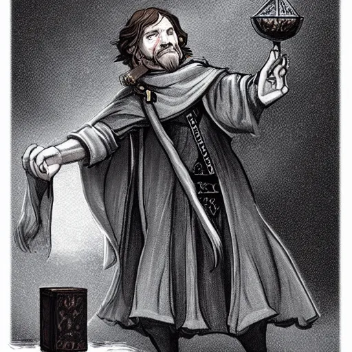 Prompt: Young John Malkovich with short brown hair and brown beard in a cloak, casting a spell with a small hourglass as a material component, half-elf Divination Wizard Pathfinder character art d&d character portrait