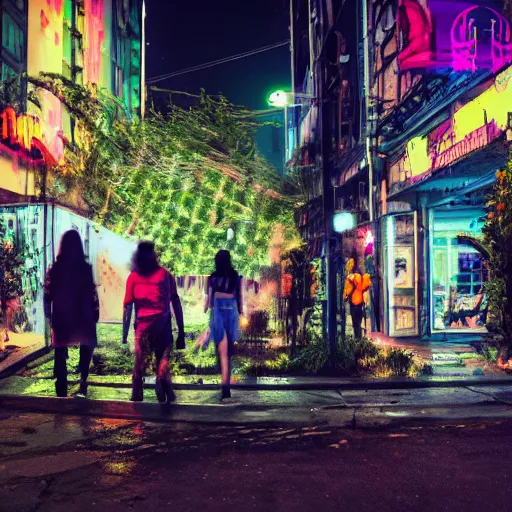 Prompt: overgrown, botanical, cyberpunk city street, neon light, dark, people walking