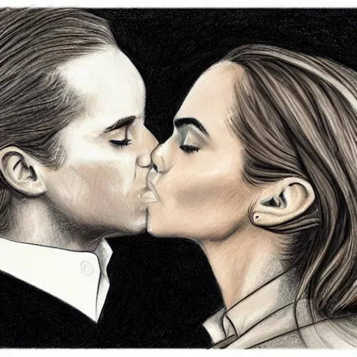 Prompt: emma watson kissing donald trump pencil sketch,