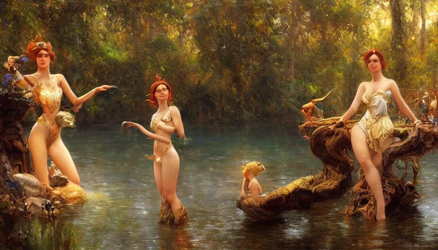 Prompt: enchanted liberland with pretty women enjoying water, hyperdetailed, artstation, painting by gaston bussiere, craig mullins, j. c. leyendecker r