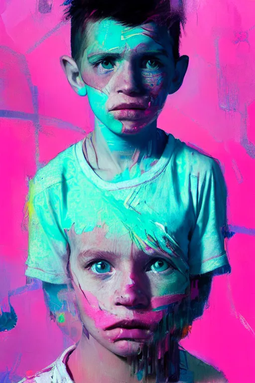 Prompt: portrait of a young boy living in a postapoliptic forgotten world, her face expresses : sadness, and death, in the colors hot pink and cyan, beautiful face, rule of thirds, complex outfit, spotlight, by greg rutkowski, by jeremy mann, by francoise nielly, by van gogh, digital painting