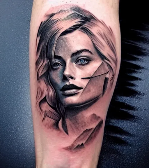 Prompt: beautiful durrealist double exposure tattoo sketch of margot robbie and beautiful mountains mash up, in the style of matyas csiga halasz, amazing detail, sharp