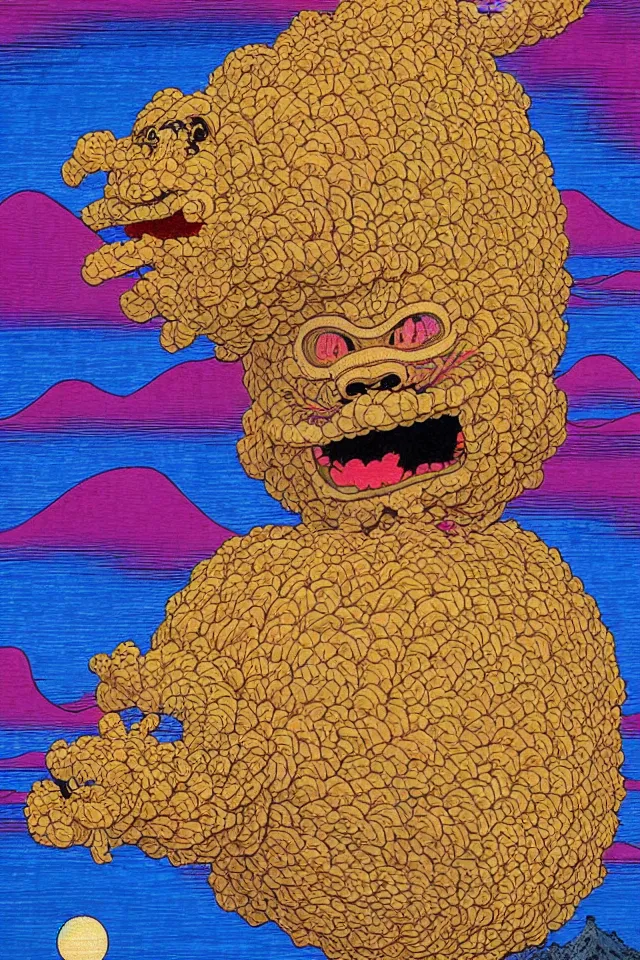 Prompt: an ukiyo - e painting of an intricate cute colorful fluffy dmt desert monster mask made out of burlap and coconut fiber, portal, floating in space, perfect lighting, in colorful marker pen, by kokaris, naoto hattori, moebius and android jones