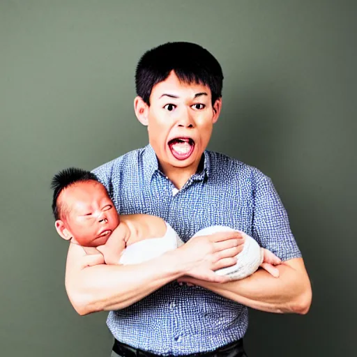 Image similar to a shocked asian man holding his newborn black baby