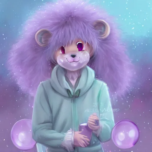 Prompt: aesthetic portrait commission of a albino male furry anthro lion under a lavender bubble filled while wearing a cute mint colored cozy soft pastel winter outfit with pearls on it, winter atmosphere. character design by artgerm, and makoto shinkai, detailed, inked, western comic book art, 2 0 2 0 award winning painting