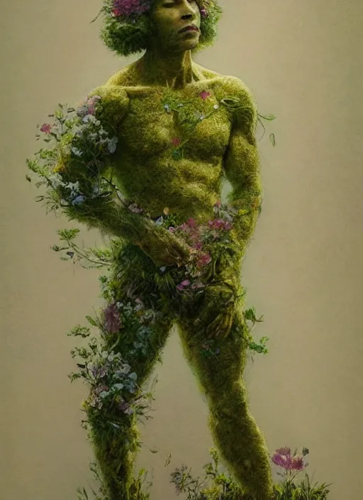 Image similar to a man made of moss and flowers, full body view, beautiful high quality realistic fantasy art, trending on artstation by artgerm and greg rutkowski and alphonse mucha