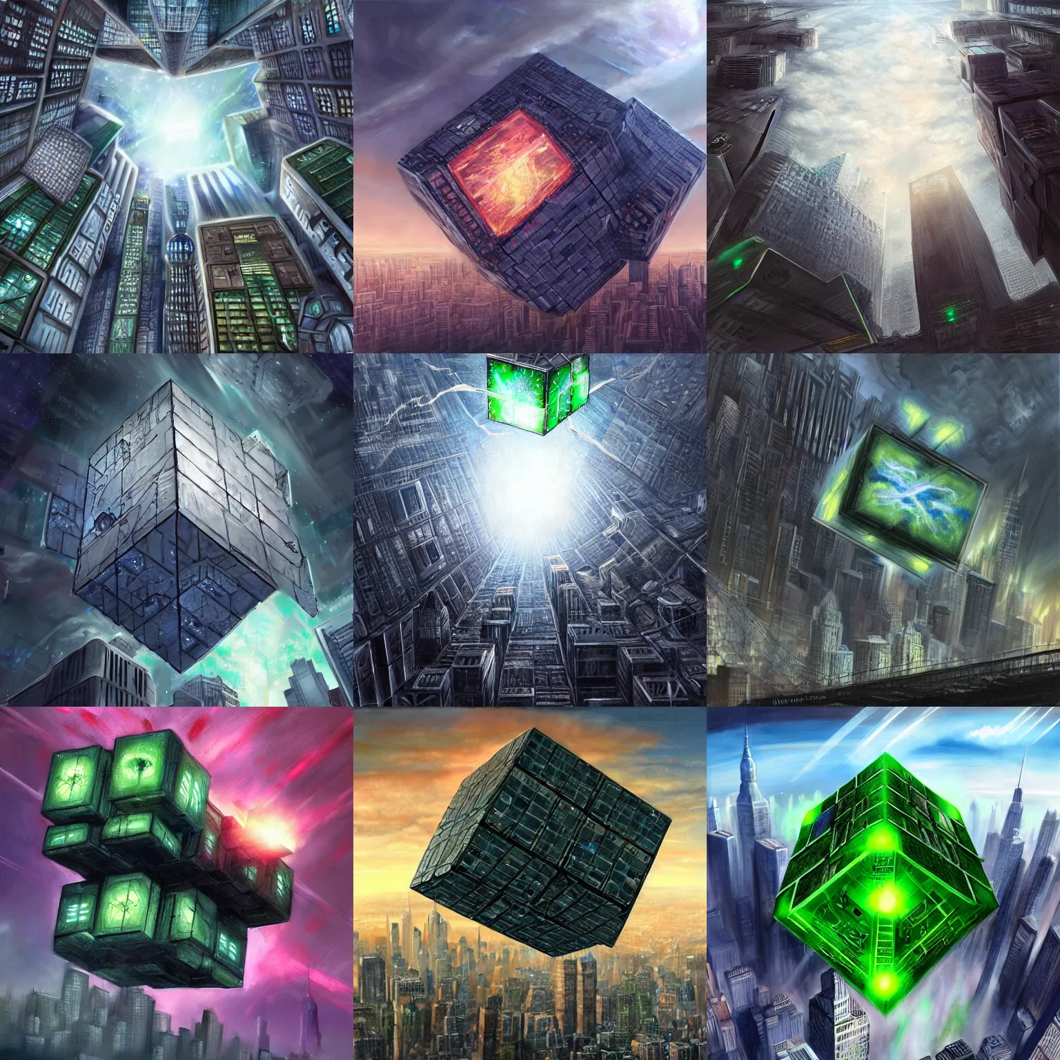 Prompt: a giant borg cube over new york, realistic painting, high definition, digital art, painting, very detailed, procreate, r / art, painttool sai, pixiv, deviantart, artstation, danbooru, illustration, realistic