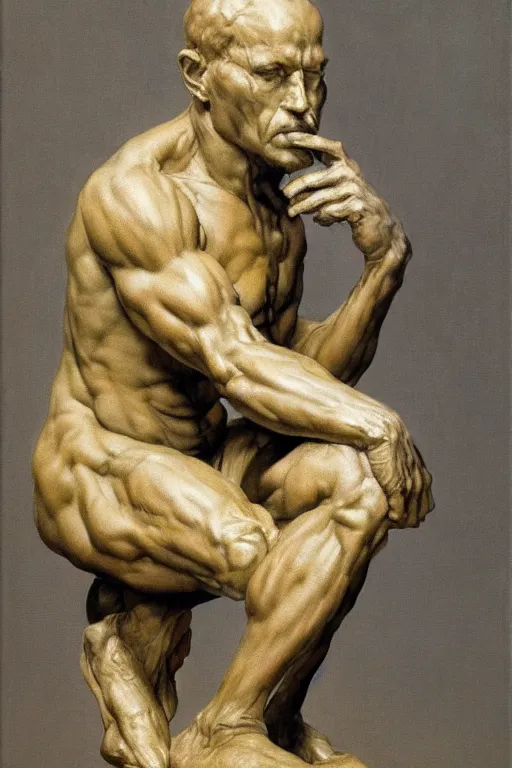 Prompt: beautiful oil clean painting of the thinker sculpture by auguste rodin connected to complex machine by wayne barlowe, rembrandt, complex, stunning, realistic skin color, 4 k, high res, awardwinning, masterpiece