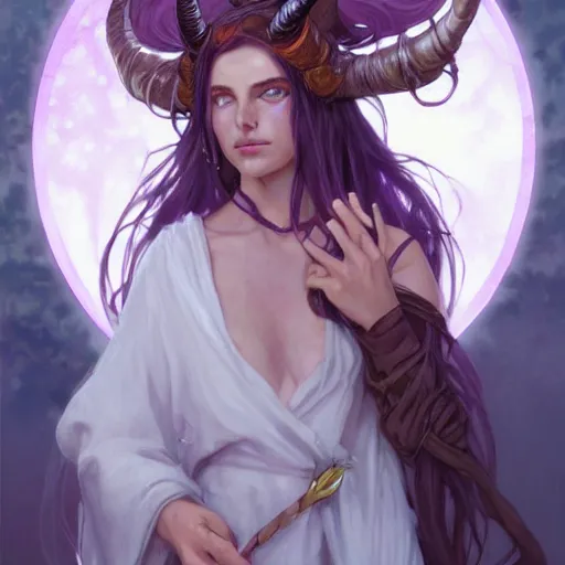 Image similar to cute Whimsical Tiefling Druid with cute horns and long purple hair,silver eyes, light-brown skin, D&D, fantasy, portrait, highly detailed, digital painting, artstation, concept art, sharp focus, illustration, art by greg rutkowski and alphonse mucha
