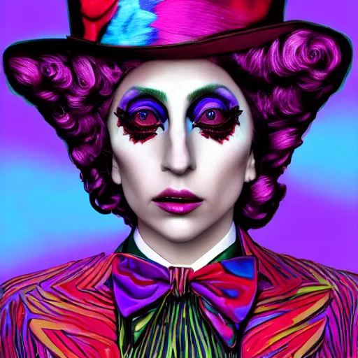 Image similar to an extremely psychedelic portrait of lady gaga as willy wonka, surreal, lsd, face, detailed, intricate, elegant, lithe, highly detailed, digital painting, artstation, concept art, smooth, sharp focus, illustration,