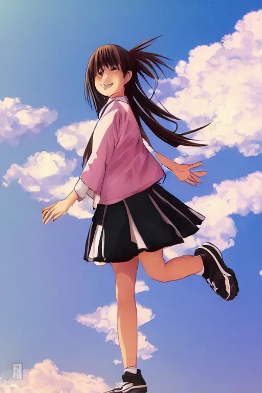 Image similar to high detail portrait of japanese manga high school girl, full body, jump, hakusensha, concept art