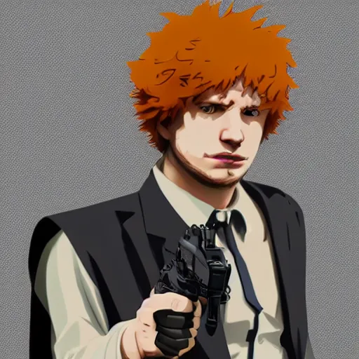 Image similar to ed sheeran as spike spiegel from cowboy bebop, holding a gun like james bond, by ilya kuvshinov, rob rey, giuseppe dangelico pino, cinematic, 4 k, realistic, wide angle lens. 8 k, hyperdetailed, precise, low - lighting