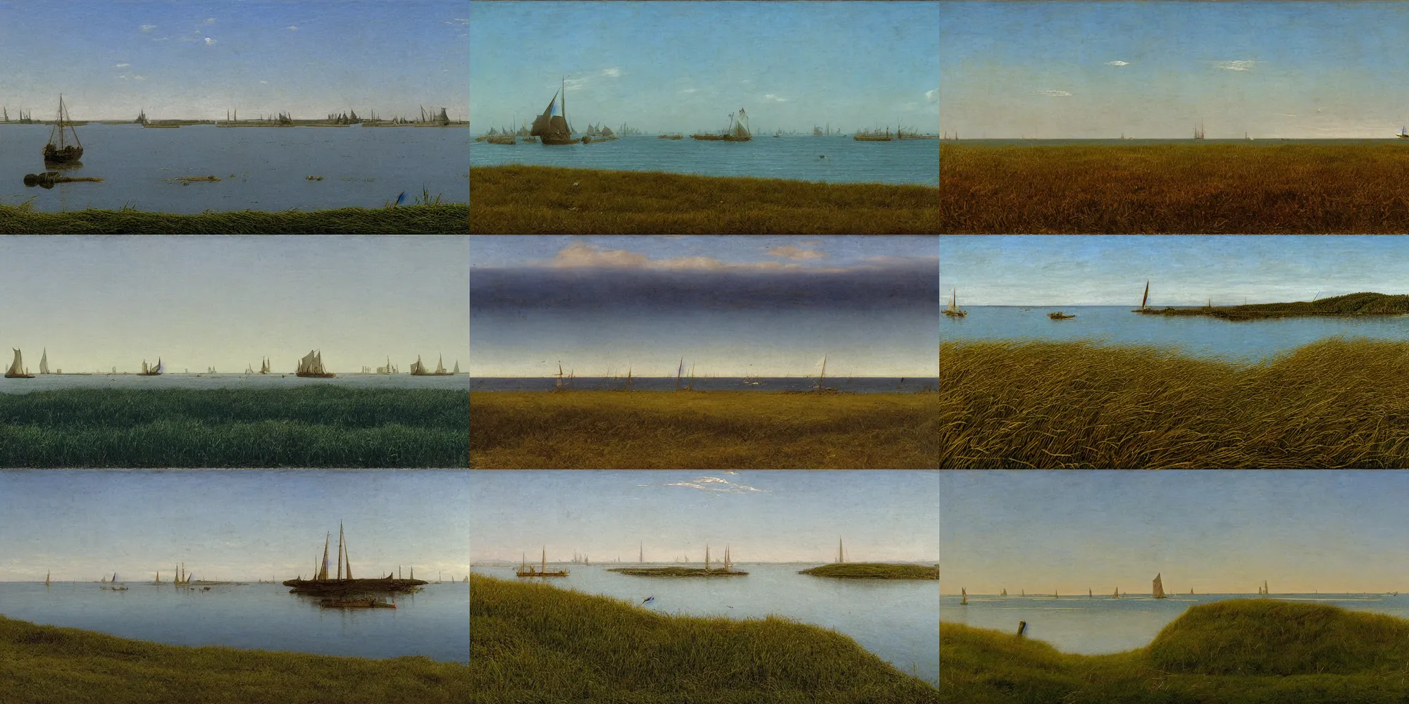 Prompt: lonely island, endless grass, ship dock, blue sky, by caspar david friedrich