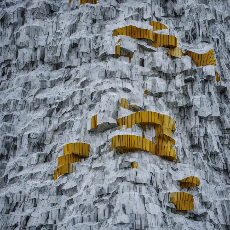 Prompt: a mid-century modern skycraper covered with snow on top of a cliff in the arctic, designed by Frank Gehry, with a long pathway toward it. Big tiles. Film grain, cinematic, yellow hue