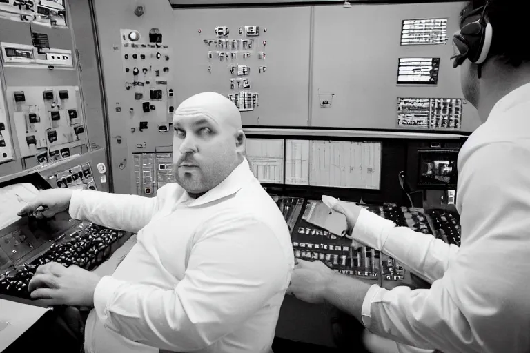 Image similar to heavyset bald man wearing a white shortsleeved shirt and blue jeans working in a nuclear silo control room by Emmanuel Lubezki