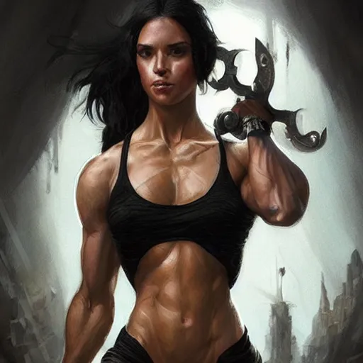 Image similar to a black haired athletic muscular woman in a black tank top, muscular upper body, abs, D&D, fantasy, intricate, elegant, highly detailed, digital painting, artstation, concept art, smooth, sharp focus, illustration, art by artgerm and greg rutkowski and alphonse mucha