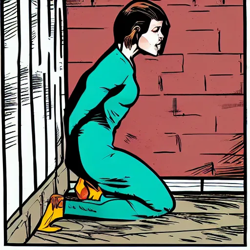 Prompt: a woman on her knees hiding behind a wall in fear, comic book style