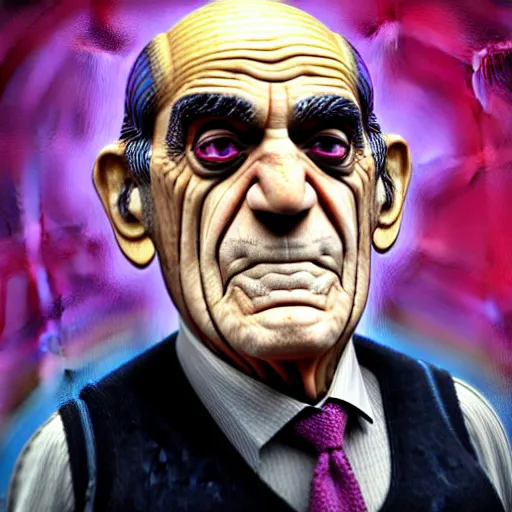 Prompt: abe vigoda looking at the camera, she has rainbow hair and a beautiful unconventional face, there is an explosion of flowers in the background, elegant, highly detailed, digital painting, artstation, realism, concept art, pop, smooth, mythological, sharp focus, qualia, illustration, art by mark ryden 3 d 8 k ultra detailed