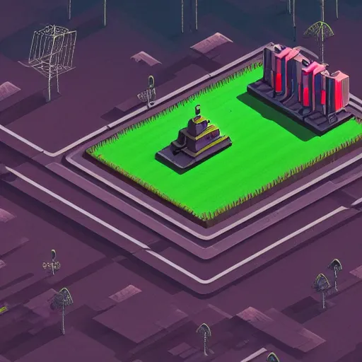 Image similar to isometric videogame landscape in the style of Simon Stålenhag and H. R. Giger, detailed, trending on Artstation