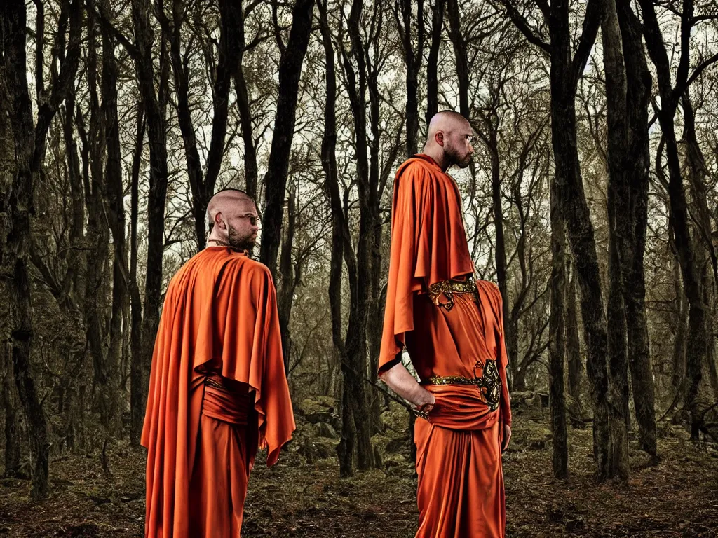 Prompt: versace avant garde male roman toga himation cloak intricate textiles streetwear cyberpunk shaved head trimmed beard in the woods overcast late evening dramatic professional color 8 k hdr