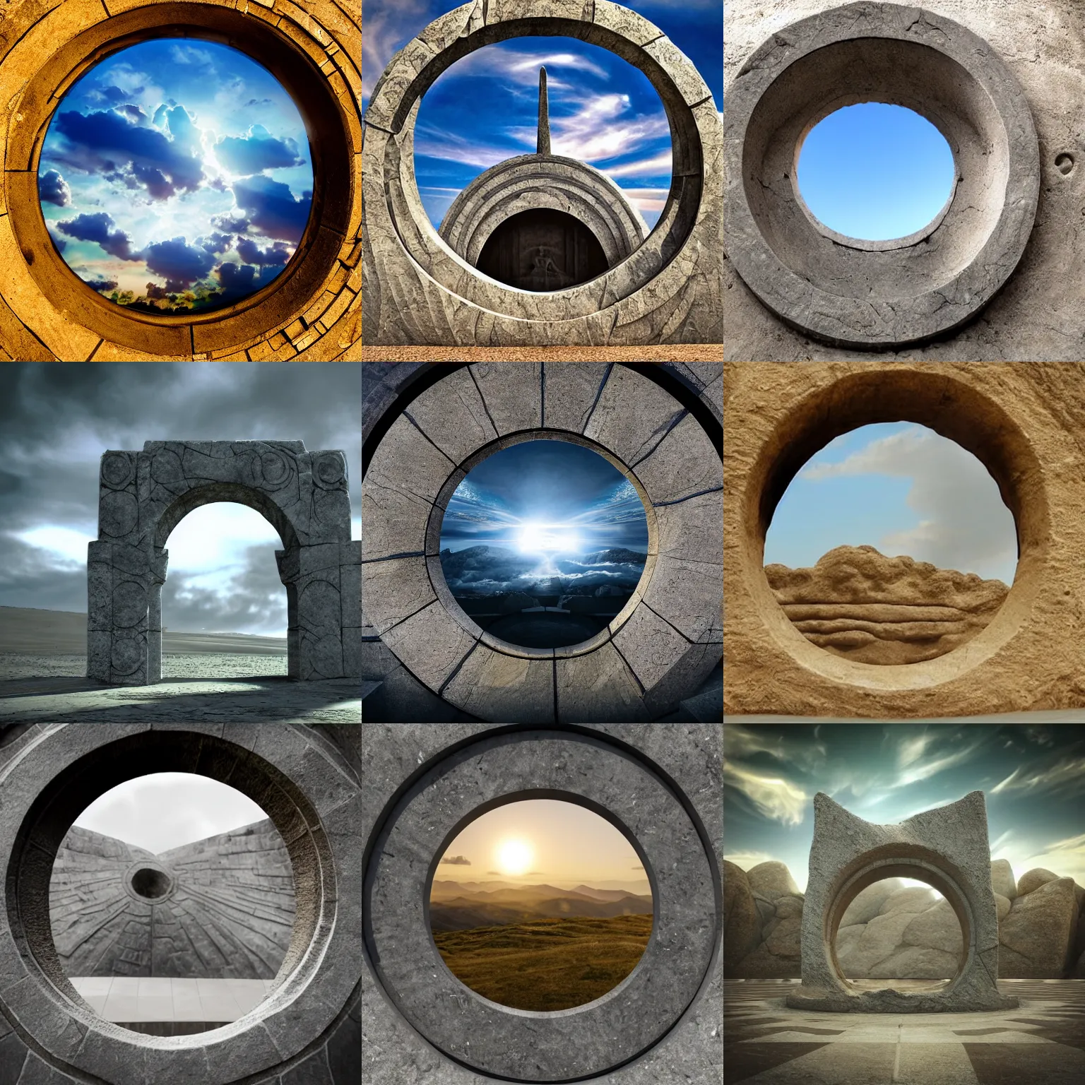 Prompt: stargate made of stone that form a circle, cinematic view, epic sky, highly detailed