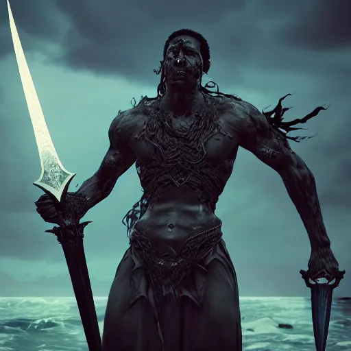 Image similar to A powerful handsome broad shouldered necromancer of jet black skin holding an exquisite sword standing at a distance. He gazes by the stormy sea and oozes extreme power and magic. Whole scene is powerful and magical and stunning to watch. Aesthetic!!!!!!, Unreal engine, 8k, trending on artstation, sharp focus, highly detailed, concept art, ultra HD, intricate, elegant,