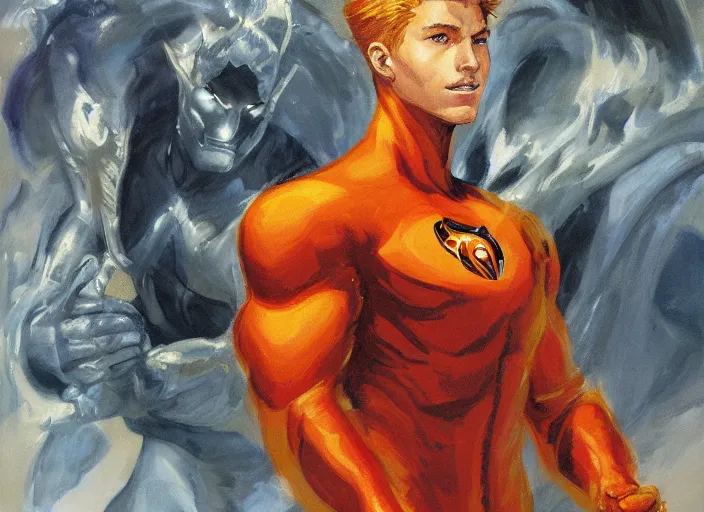 Image similar to a highly detailed beautiful portrait of johnny storm [ fantastic four ] [ human torch ], by gregory manchess, james gurney, james jean