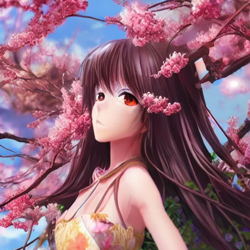 Prompt: 3d rendered anime girl with cherry blossoms as clothing in a flower garden, fantasy art, hyper realistic, detailed, ultra detailed, dynic lighting, fantasy concept art