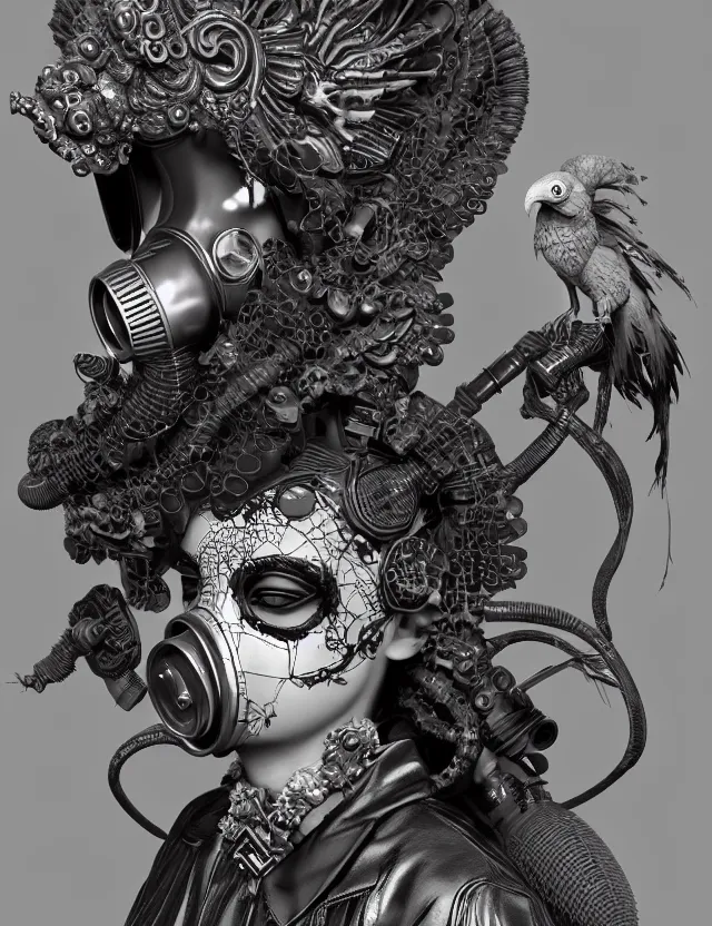 Image similar to 3 d goddess close - up profile punk portrait with vintage gas mask ram skull. beautiful intricately detailed japanese crow kitsune mask and clasical japanese kimono. betta fish, jellyfish phoenix, bio luminescent, plasma, ice, water, wind, creature, artwork by tooth wu and wlop and beeple and greg rutkowski