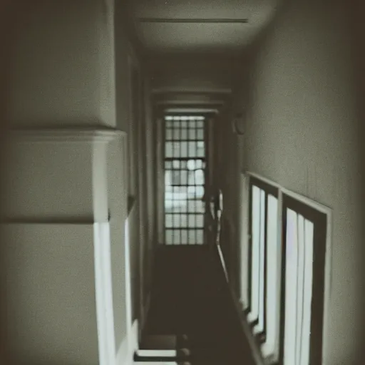 Image similar to dark stairs hallway, vintage, 3 5 mm film, 4 k, 8 k, photorealistic, polaroid, film grain, iso noise, burned pixels