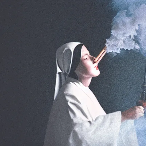 Image similar to a nun exhaling a huge smoke cloud from a cross shaped bong, film still, cinematic lighting