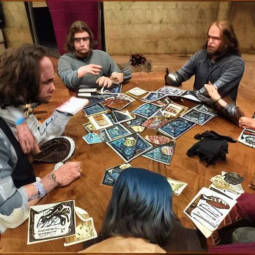 Prompt: a game of dungeons and dragons featuring 5 middle aged men 2 of whom have long hair