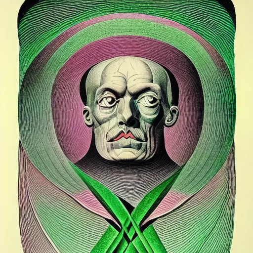 Prompt: green and pink graphic conceptual post - mortem monumental portrait made by escher and william blake and salvador dali, highly conceptual art, intricate detailed painting, illustration sharp detail, manga 1 9 9 0, experimentation cabinet