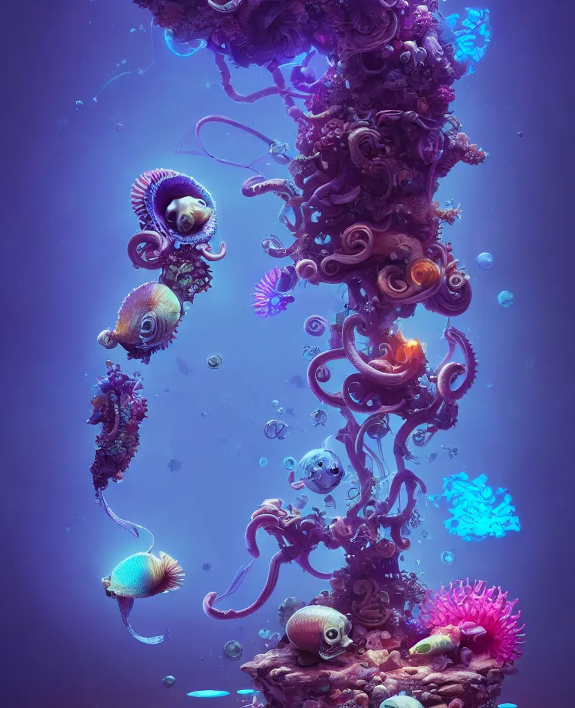 Image similar to trapped in my conscious, nautilus, orchid, skull, betta fish, bioluminiscent creatures, intricate artwork by beeple. octane render, trending on artstation, greg rutkowski very coherent symmetrical artwork. cinematic, hyper realism, high detail, octane render, 8 k