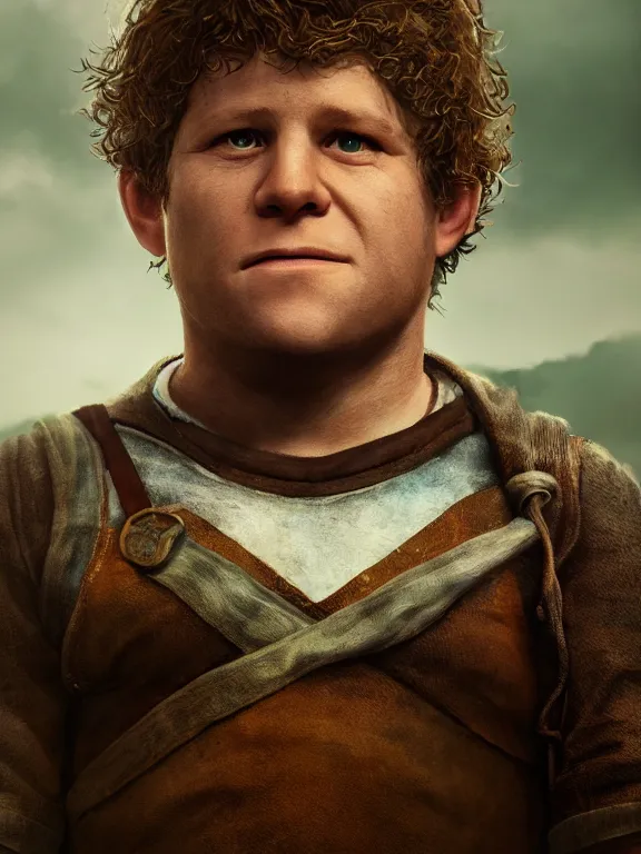 Prompt: portrait art of Samwise Gamgee 8k ultra realistic , lens flare, atmosphere, glow, detailed,intricate, full of colour, cinematic lighting, trending on artstation, 4k, hyperrealistic, focused, extreme details,unreal engine 5, cinematic, masterpiece