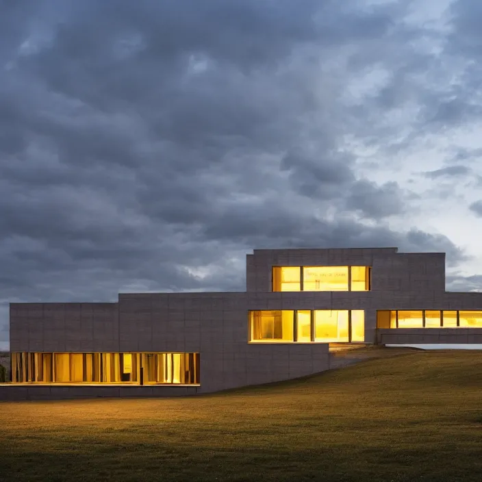 Image similar to a building in a serene landscape, dramatic lighting