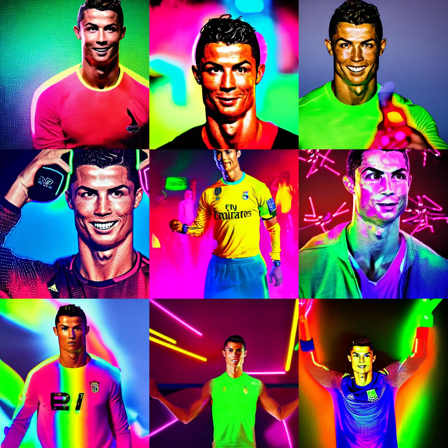 Prompt: a Cristiano Ronaldo glowing with neon colors, high details, photo model