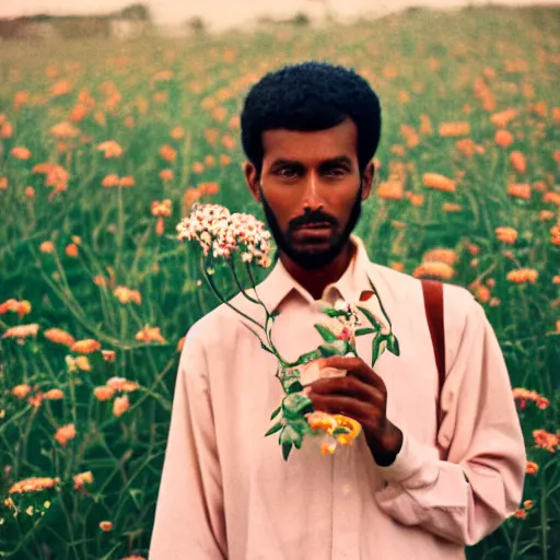 Prompt: somali male, photographer, holding camera, vintage, field of flowers, nature, nostalgic, dreamy, pastel, studio ghibli, thoughtul, wise, intricate details, shot in 1 9 6 0 s