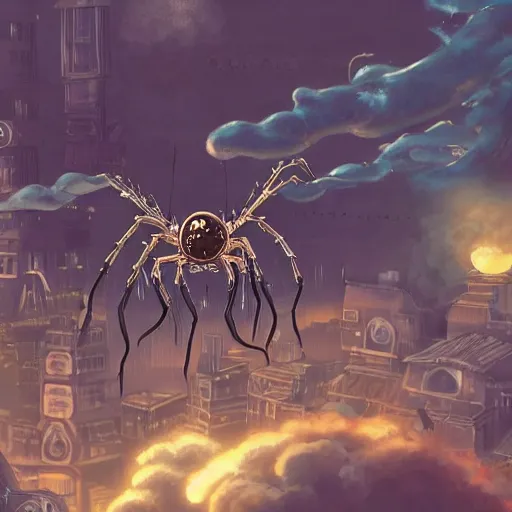 Image similar to a giant steampunk spider attacking a city, defense cannons can be seen trying to shoot it down, studio ghibli, anime, extremely detailed, intense, cinematic drone shot, cinematic lighting,