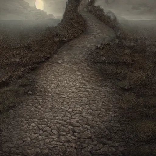 Image similar to a long winding pathway with no terrain on either side, cliffs with no bottom, creepy, gloomy, nightmare, dark rocks, dusty, sepia tones, with a mysterious dark castle at the of the path, digital art, 8 k, concept art, trending on artstation