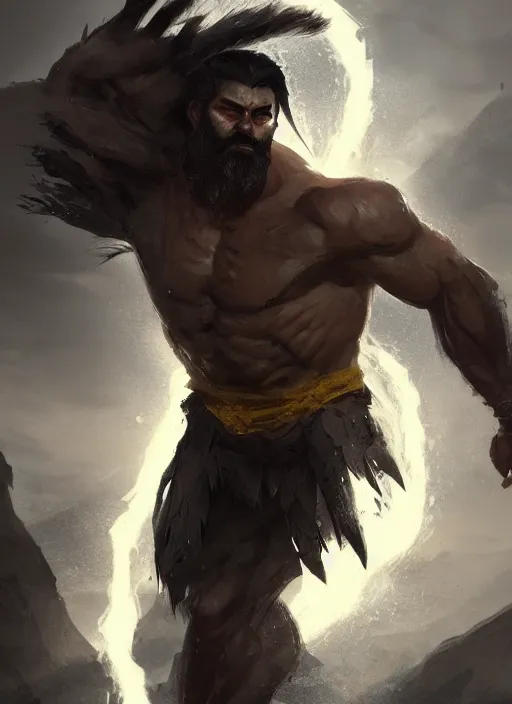 Prompt: Half-body portrait of an old muscular human warrior with dark beard and yellow eyes. In style of Hyung-tae Kim and Greg Rutkowski, concept art, trending on ArtStation, Korean MMORPG, over-detailed art, 8K, epic, dynamic lightning, dramatic pose.